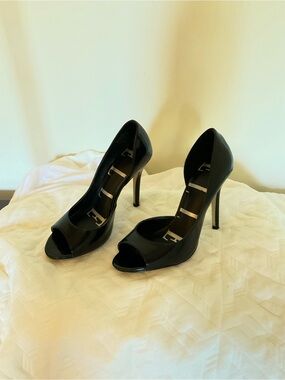 Elle Black Patent Open-Toe Stiletto Heels